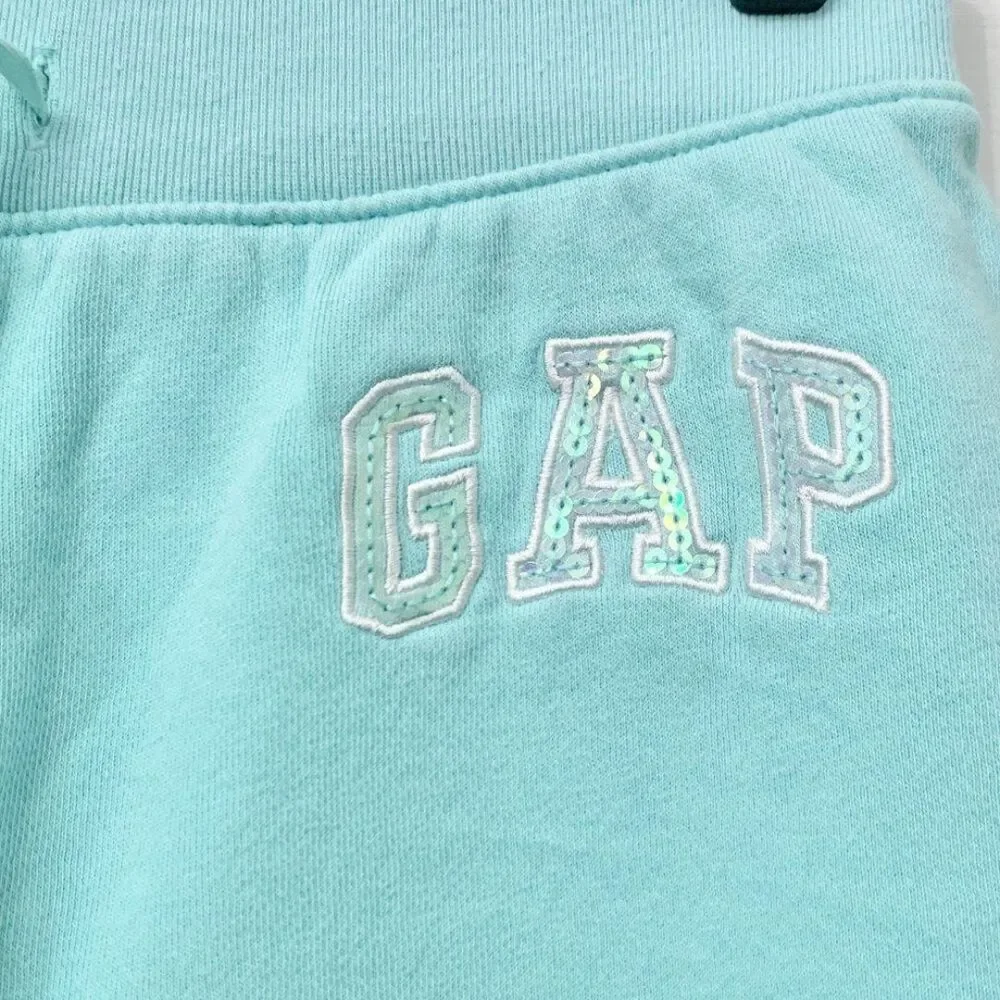 2/$20! Gap Girls Logo Fleece Sweatpant Cropped Aqua Arch Sequined Size XXL 12-14